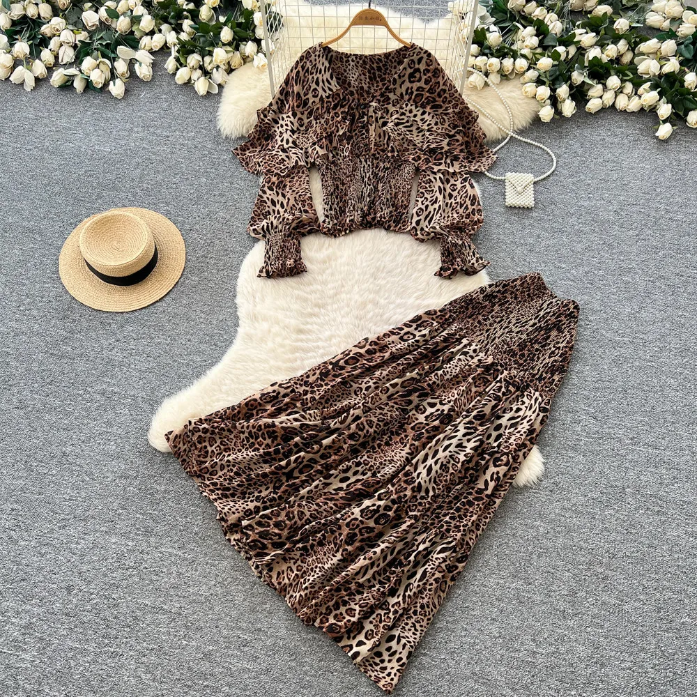 

Two Piece Sets Women Skirt Set V Neck Full Sleeve Tops Leopard Print Long Skirts A Line High Waist Y2k Streetwear Elegant 2026