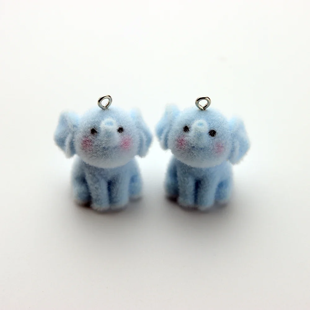 20Pcs 3D Cute Flocking Mini Elephant Resin Charms Cartoon Animal Pendant Wholesale Bag Keychain Earrings DIY Crafts Jewelry Make