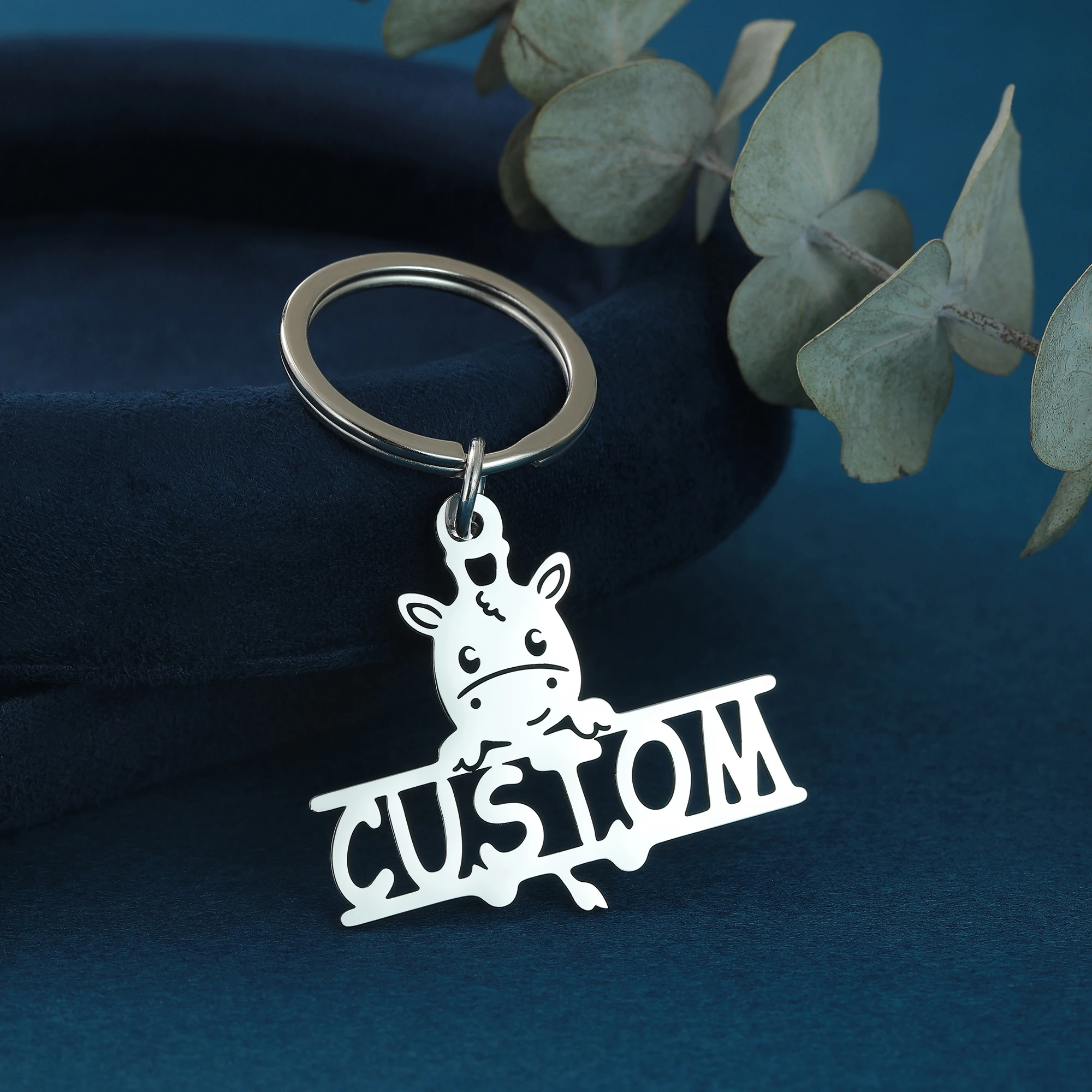 Gantungan Kunci Nama Hewan Personalisasi Baja Tahan Karat Hadiah Perhiasan Perak Cincin Kunci Liontin Sapi Kustom Pria Wanita