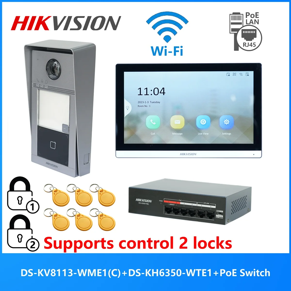 KIT videocitofono POE multilingue originale HIKVISION, include DS-KV8113-WME1(C) e DS-KH6350-WTE1 e switch PoE