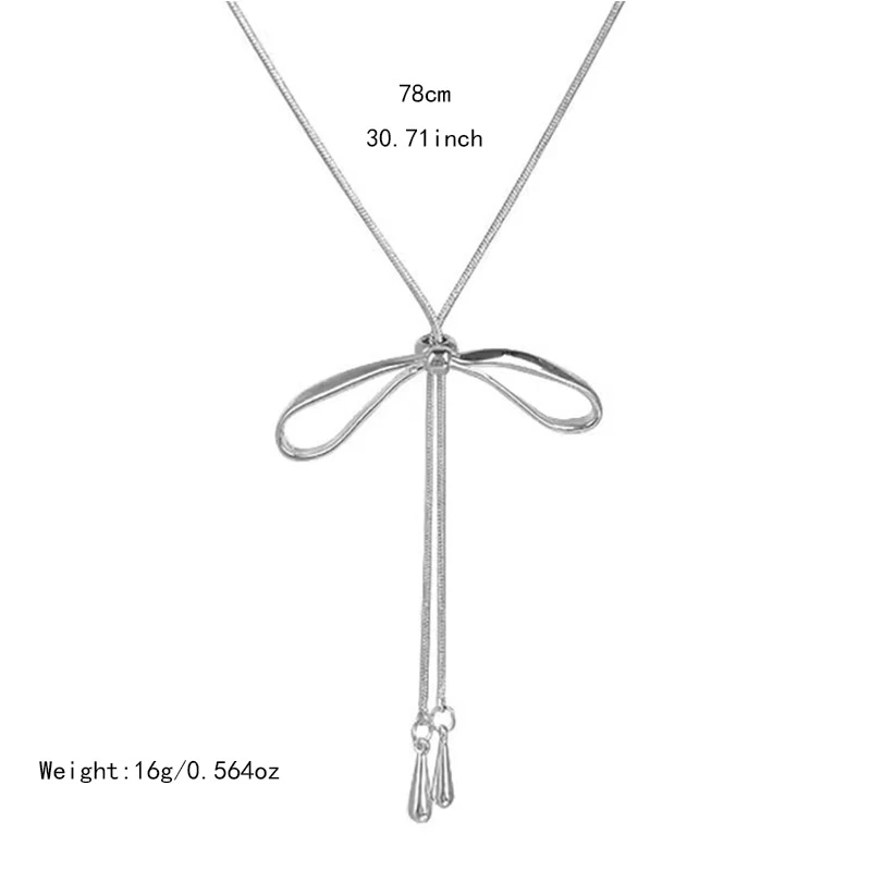 Simple Bowknot Drawstring Long Necklace for Women Silver Color Tassel Geometric Sweater Chain Choker Party Jewelry Accessories