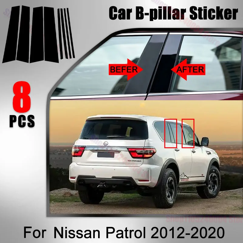 8PCS Glossy Black Pillar Posts Fit For Nissan Patrol 2012 2013 2014 2015 2016 2017-2020 B C Column Window Trim Sticker Cover