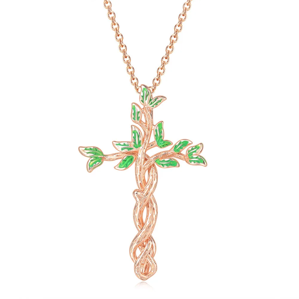 Spring Autumn Tree Of Life Cross Aesthetic Leaf Pendants Necklace For Women Double Color Plated Chain On The Neck Jewelry N274