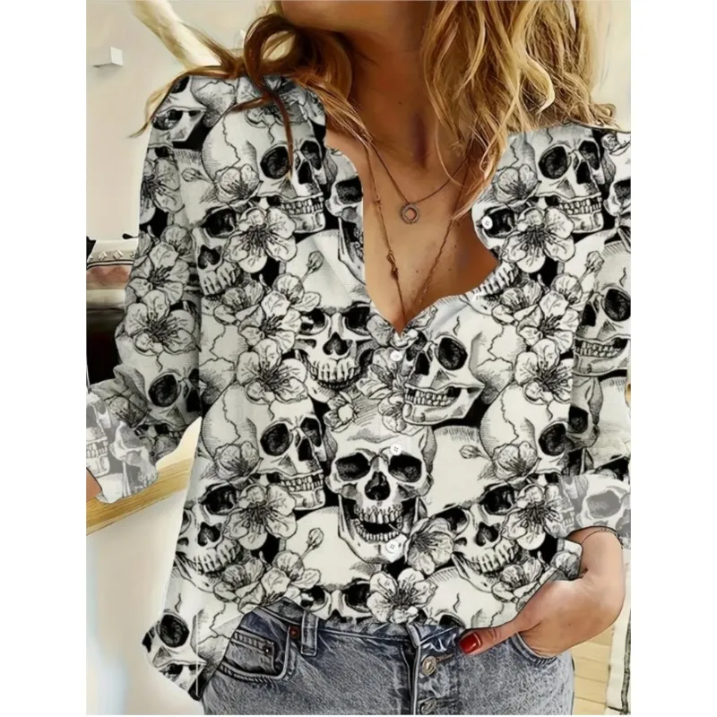 New Elegant and Fashionable Women\'s Button Personalized Street Printed Patterns Gothic Style Women\'s Commuter Long Sleeve Shirt