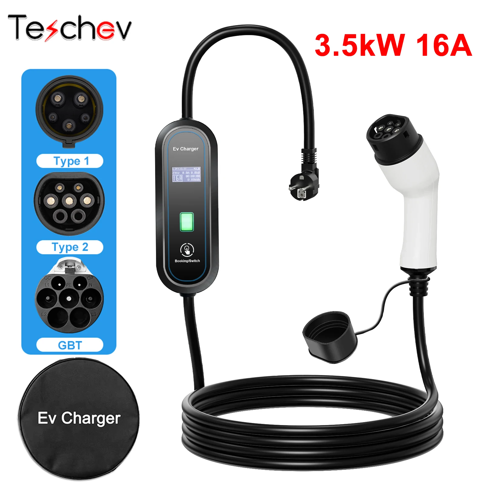 Teschev 220V 230V J1772 Type1 EV Charger 3.5kW Type2 Portable Charging Cable 16A EVSE GBT Charging Station For Electric Vehicles