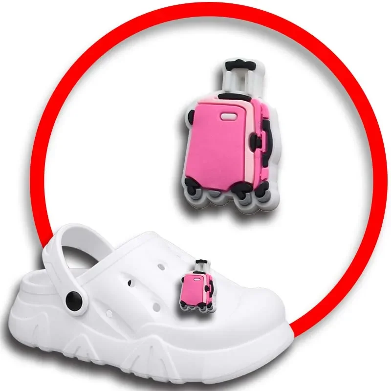 Pink Suitcase Shoe Charms for Crocs Sandals, Mulheres Tamancos Pins, Sapatos Decorações Acessório, Emblemas Masculinos, Meninas, Crianças