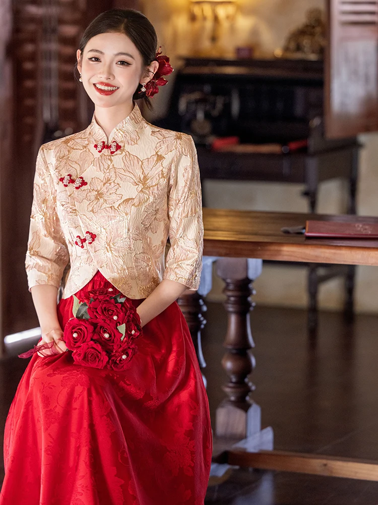 Nuevo Conjunto de Vestido de Novia Estilo Chino para Mujer, Talla Grande de Verano, Traje para Ceremonia de Bebida, Vestido d...