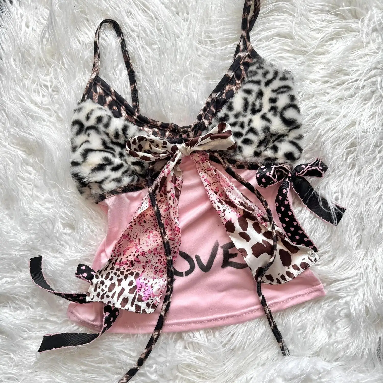 Camiseta sin mangas Kawaii rosa empalmado leopardo amor lunares Y2K mujeres 2025 verano Sexy arco LVEO impreso chica caliente Top con tirantes