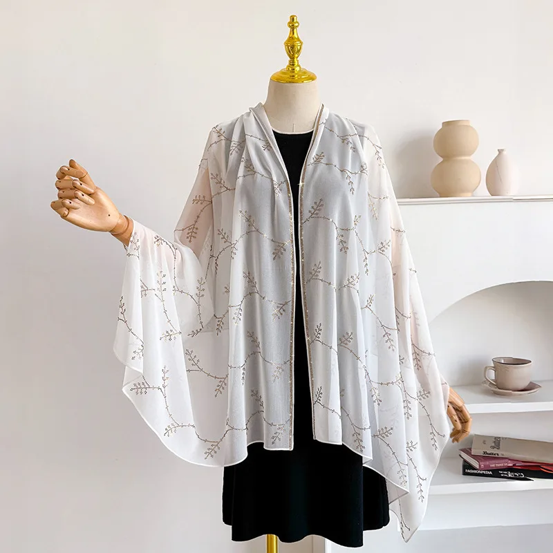 Luxury Leaf Poncho Solid Color Chiffon Cloak Long Scarf Hot Diamond Scarf Baotou Scarf Women's Shawl Cape P1