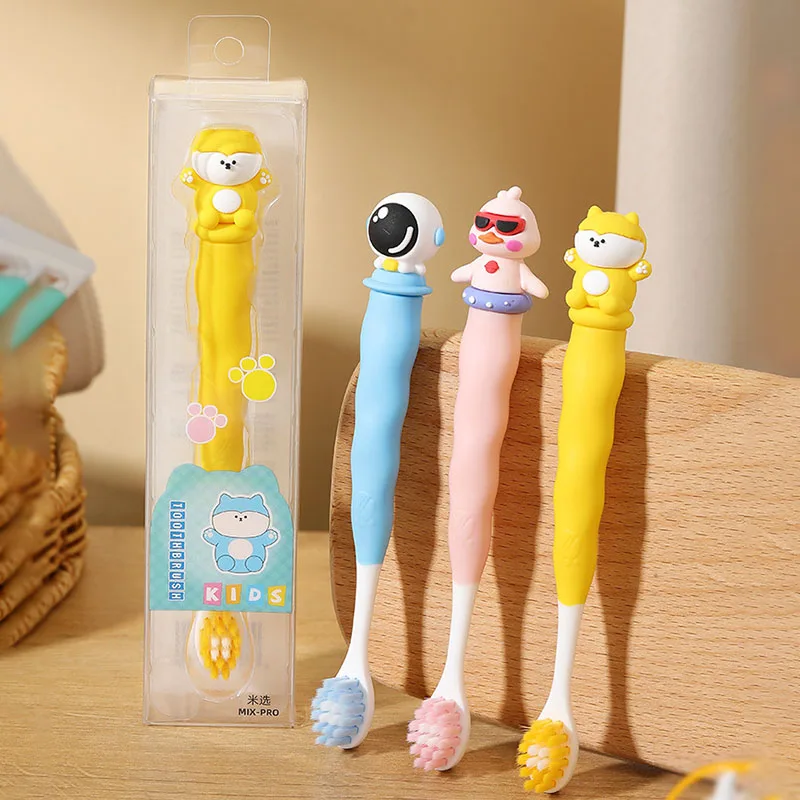 Cute Cartoon Image Children's Toothbrush Ultra Fine Soft Fur Silicone Brush Handle Little Bear Astronaut Kids Teeth Clean Brush