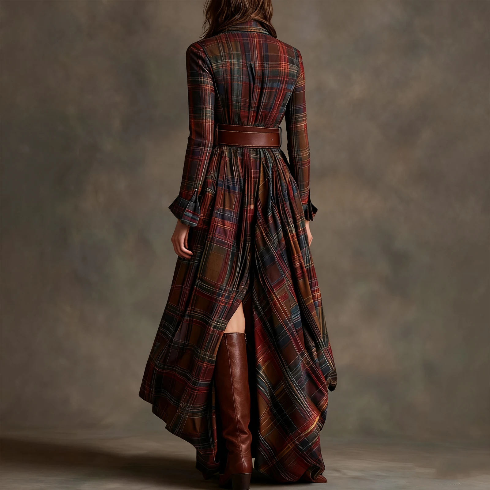 Retro Plaid Irregular Long Women's Dresses Fashion Belt Spring Autumn Long Sleeve Lapel Buttons Shirt Dress For Women Oversized