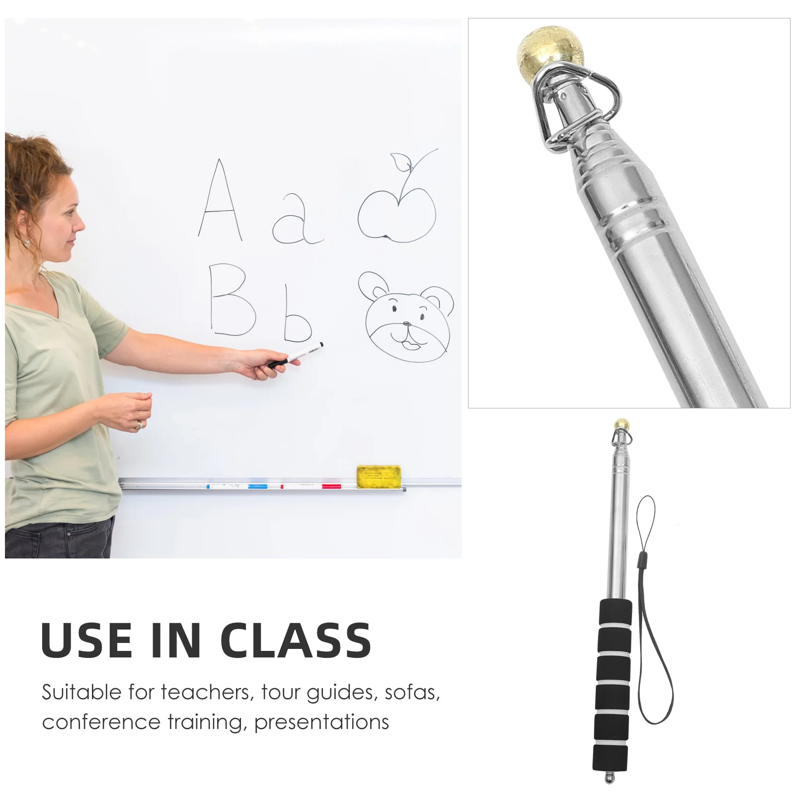 عصا تعليمية قابلة للتمديد من الفولاذ المقاوم للصدأ، عصا تعليمية متعددة الوظائف للتدريب على الفصل الدراسي #6