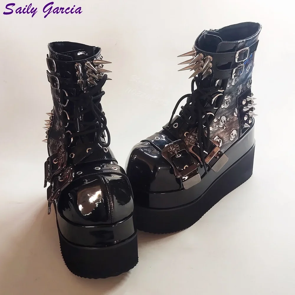 Pointed Rivet Ankle Boots Skull Round Toe Belt Buckle Platform Boots Side Zipper 2025 Women Punk Shoes Increase Height 12cm