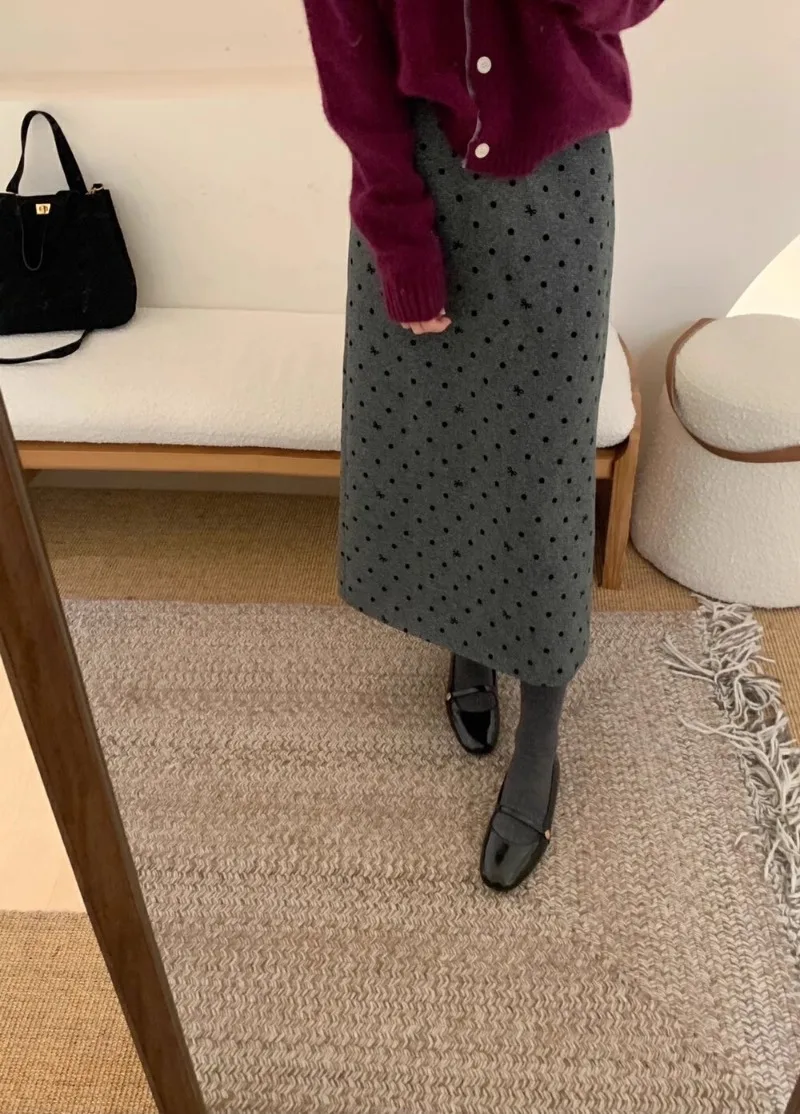 MiiiiX Office Lady Polka Dot Bow Woolen Skirt Women 2024 New Autumn Loose Elegant Midi Straight Skirt with Lining Female Clothes