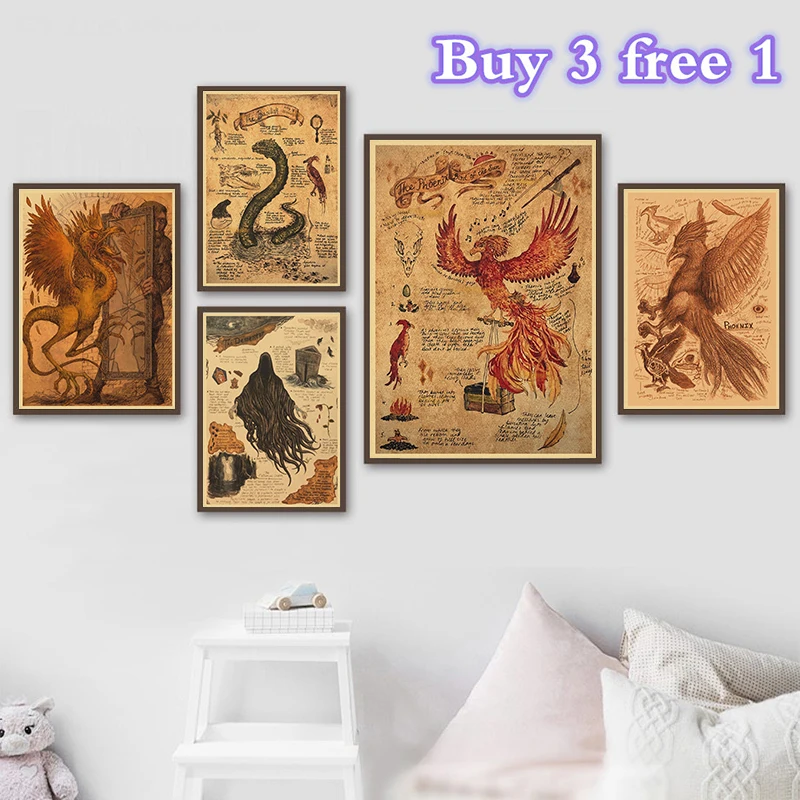 Retro Fire Phoenix Unicorn Winged Dragon Bat Sea Snake Solitary Wolf Kraft Paper Poster Living Room Background Painting