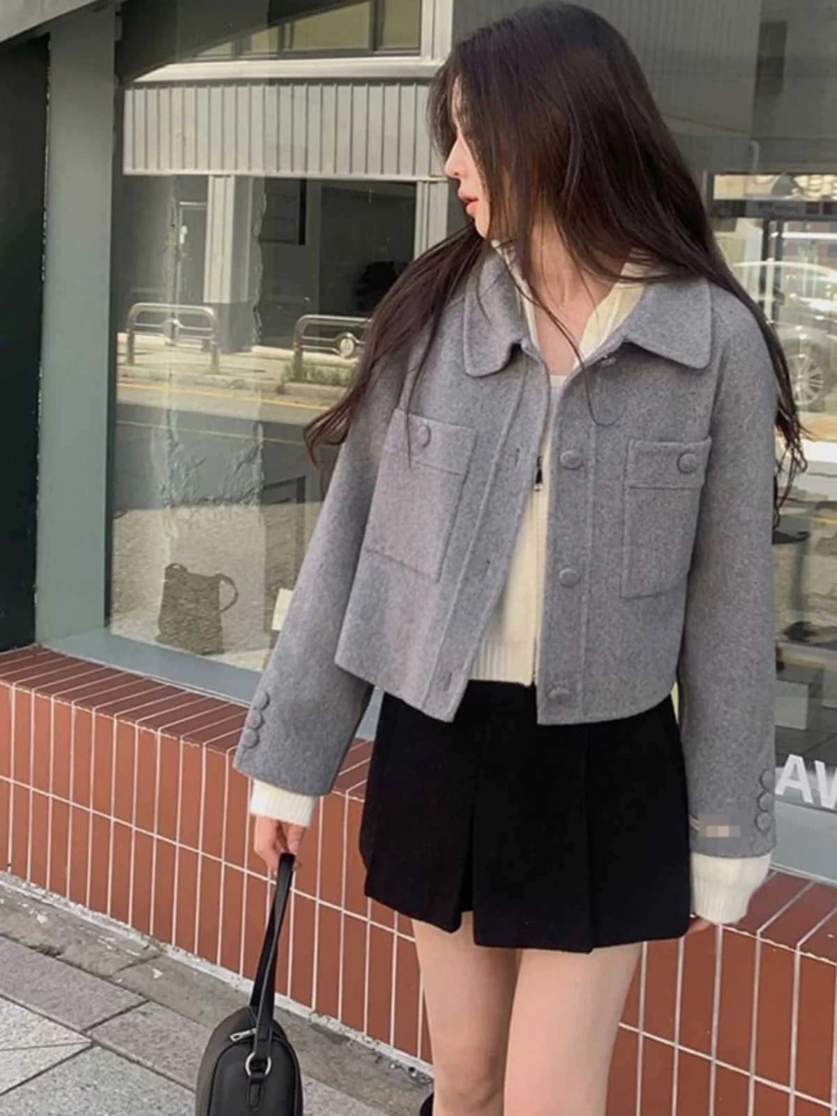 

ort Korean Sle Women's Coat Woolen Jaet Lapel Single Button Versatile Winter Outerwear Thiened Long Sve Pure Color