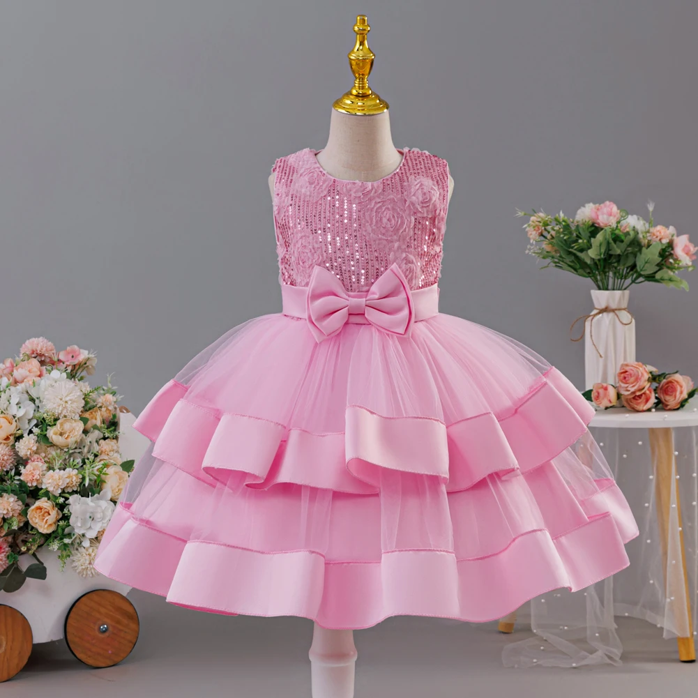 HETISO Children Dresses Sequins Flower Kids Festive New Year Dress for Girls Elegant Christmas Ball Gown Layered Mesh Costume
