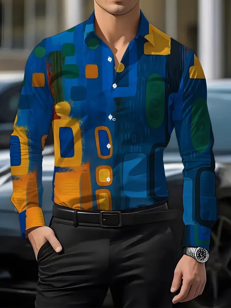 Men's Geometric Color Block Striped Printed Long Sleeved Shirt, Slim Fit Lapel Shirt, Trendy Daily Casual Men's Top