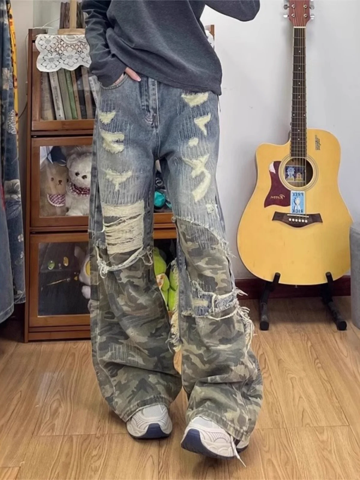 

Мужские джинсы в стиле ретро с камуфляжными вставками и эффектом потертости, весна-лето, новая модель, удлиненные, из плотного денима