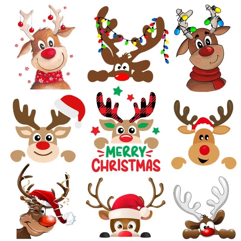 Christmas Deer Santa Claus Cute Patches for Clothes Heat Transfer Thermal Stickers DIY Kids T shirt Iron on for Women Appliqued