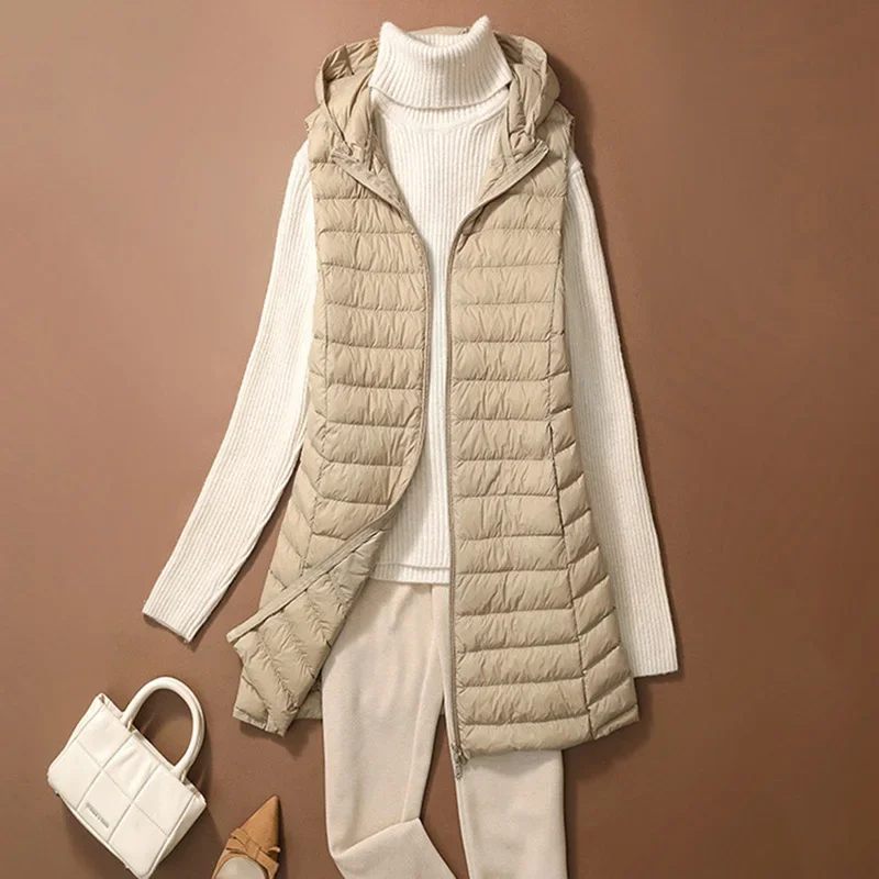 Ultra léger mince canard vers le bas gilet femmes hiver longues vestes à capuche mince gilet automne décontracté basique Parkas
