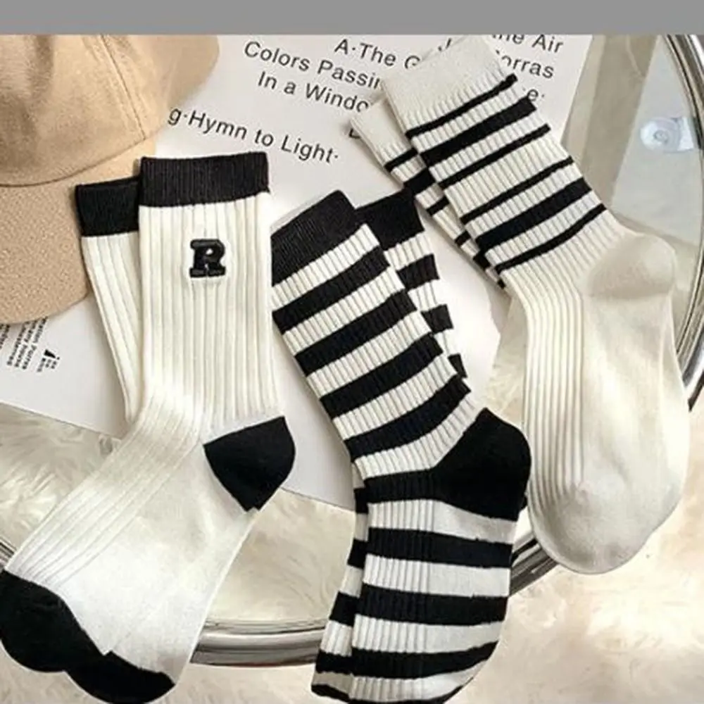 Women Socks Autumn Simple Casual Black White Striped Pile Socks For Girls Breathable Middle Tube Letter Embroidery Cotton Soft