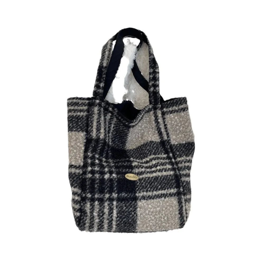 Sac fourre-tout à bandoulière en peluche verticale à carreaux, Style coréen Ins, Double face, Double usage, grande capacité, nouvelle collection automne et hiver
