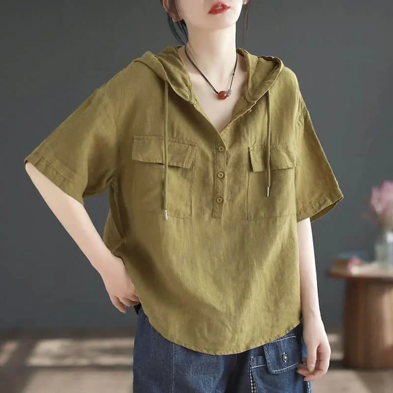 Linen Shirts for Women Vintage Half Sleeve Hooded Shirts Loose Casual Cardigans Korean Fashion Lace-up Retro Blouse Women Tops