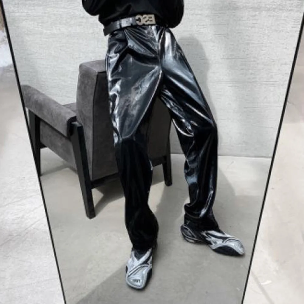 Mens Leather Pants Classy Trendy High Street Black Straight Motorcycle Pants Punk Style Chic Stage Trousers Men\'S Wear 2024