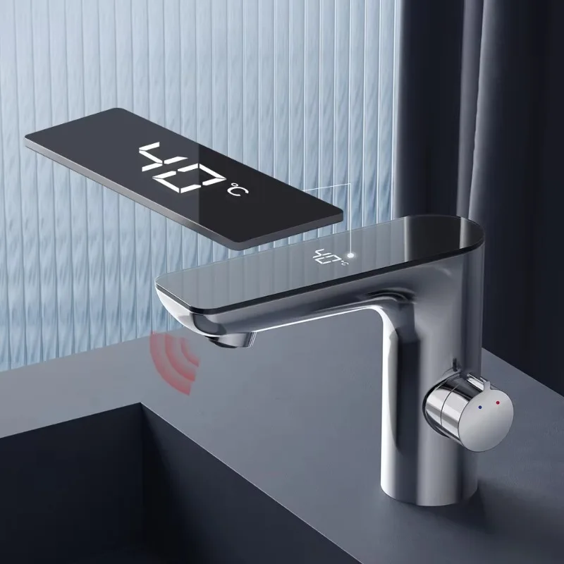 Luxury Touchless Bathroom Basin Mixer Taps Dual Sensor Digital Display Faucet  Automatic Water Switch