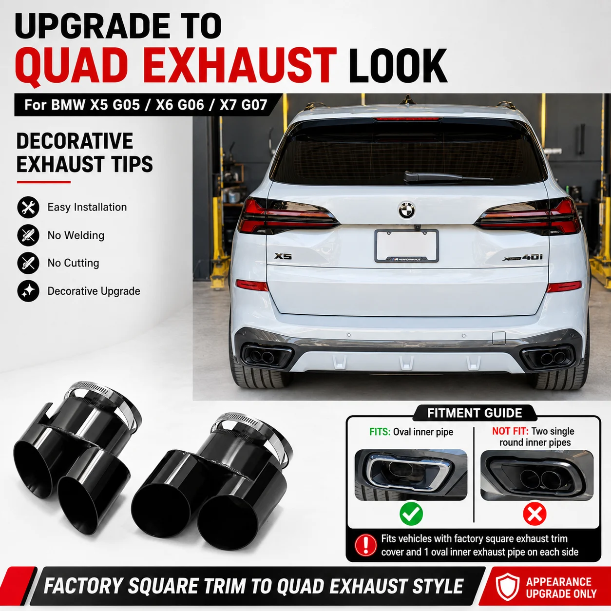 

Snap-on Quad Exhaust Upgrade Tips For BMW X5 G05 X6 G06 X7 G07 Stainless Steel No Welding Muffler Tailpipes 1 Pair