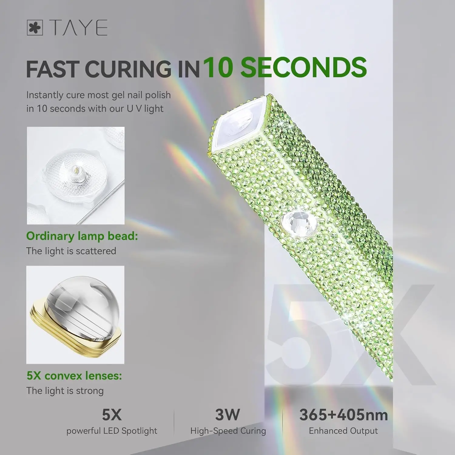 مصباح أظافر محمول بالأشعة فوق البنفسجية، ملصقات أظافر جل للأشعة فوق البنفسجية، معالجة سريعة، مجفف أظافر جل USB، ألماس أخضر شاحب