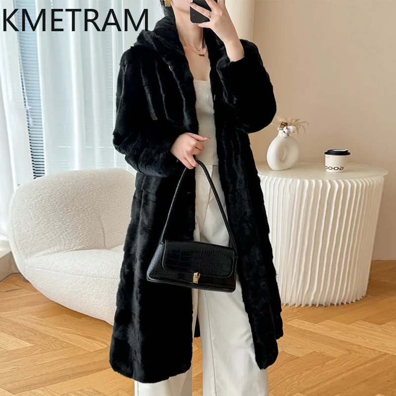 Damska kurtka z naturalnego futra norek, czarna, długa, prawdziwe futro z kapturem, wysokiej jakości zimowa odzież damska, futrzane kurtki 2025 Fourrure