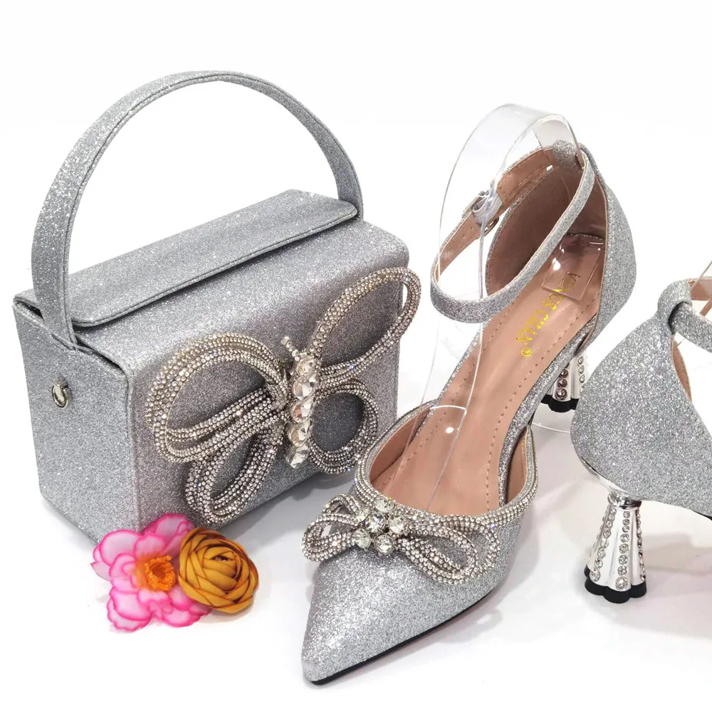 

Silver Color Shoes And Matching Bag for Party African Ladies Shoes And Bag Set Italian Design Women Wedding Shoes And Bag