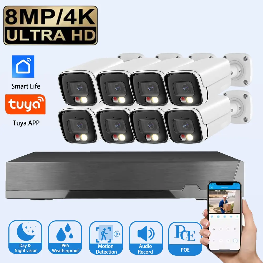 

4K 8MP POE система видеонаблюдения комплект домашнего видеонаблюдения 8-канальный NVR аудио уличная IP-камера приложение Tuya
