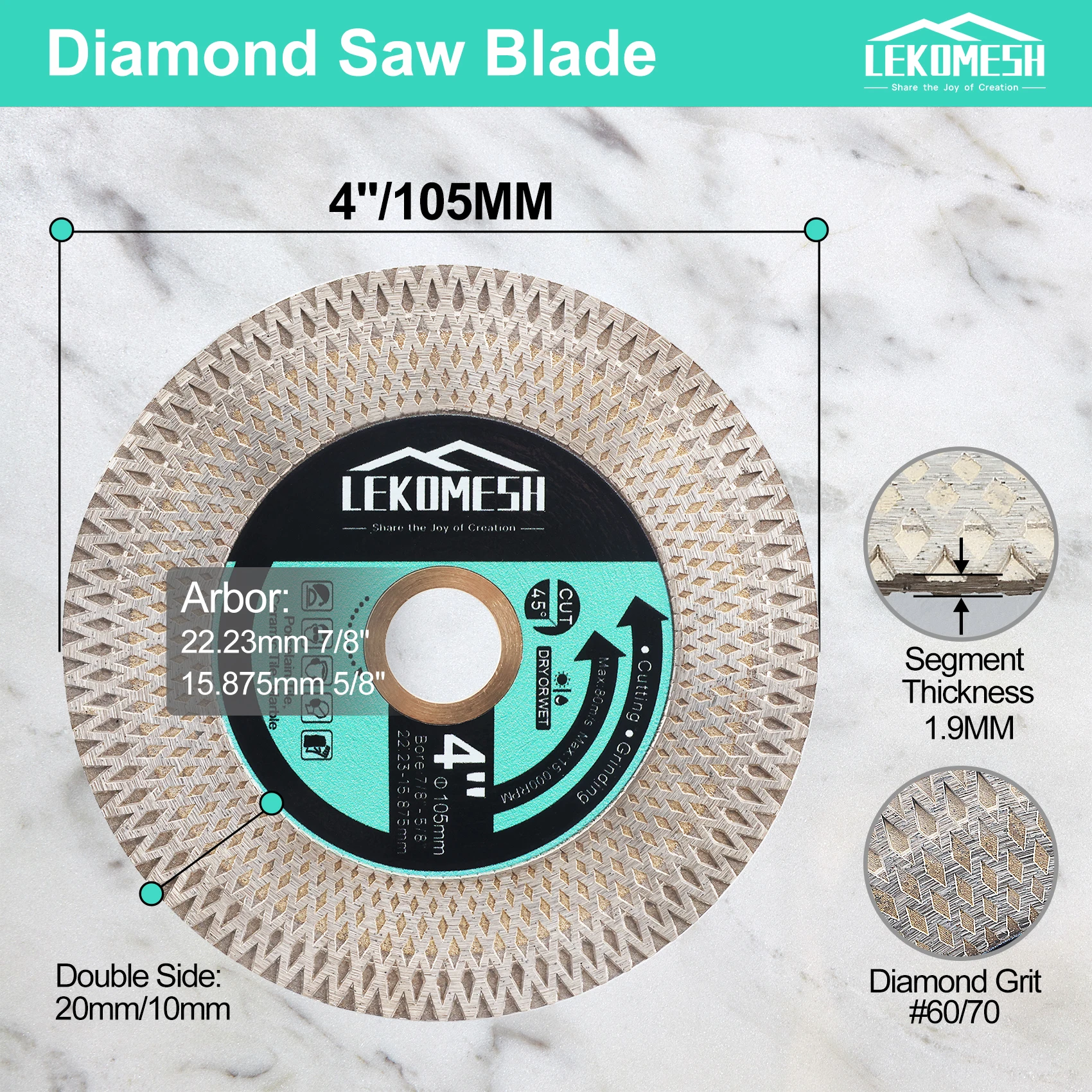 LEKOMESH 1 pieza Dia105mm/4 \'\'hoja de sierra de diamante de doble cara X malla diámetro 22,23mm azulejo cerámica mármol piedra disco de molienda de