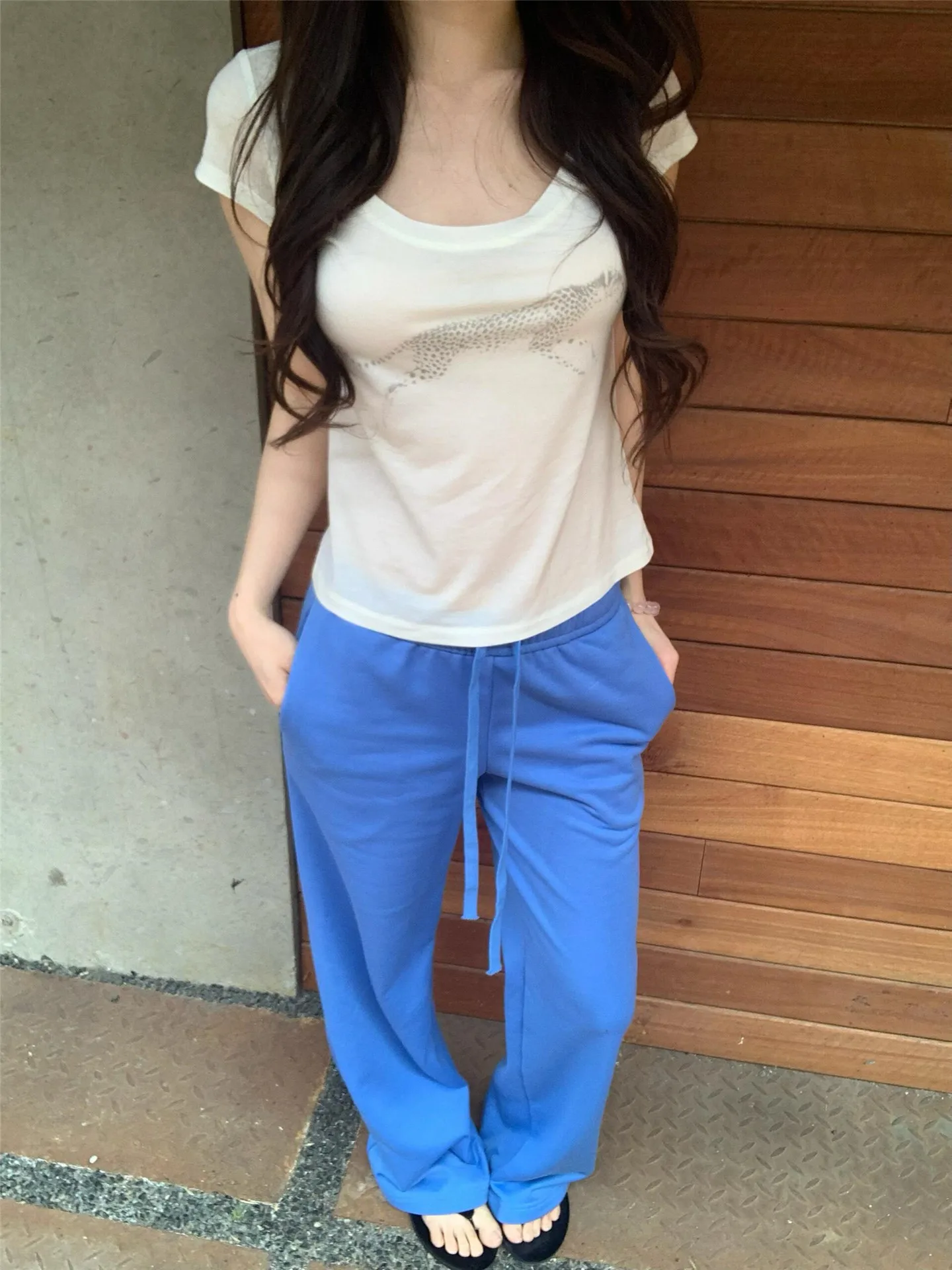 

American Vintage Low Waist Straight Leg Casual Pants Women Summer Loose Drape Drawstring Sports Sweatpants Klein Blue