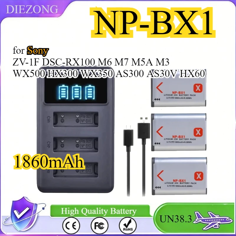1860mAh NP-BX1 Npbx1 Battery+LED 3 Slots Charger for Sony ZV-1F DSC-RX100 M6 M7 M5A M3 WX500 HX300 WX350 AS300 AS30V HX60