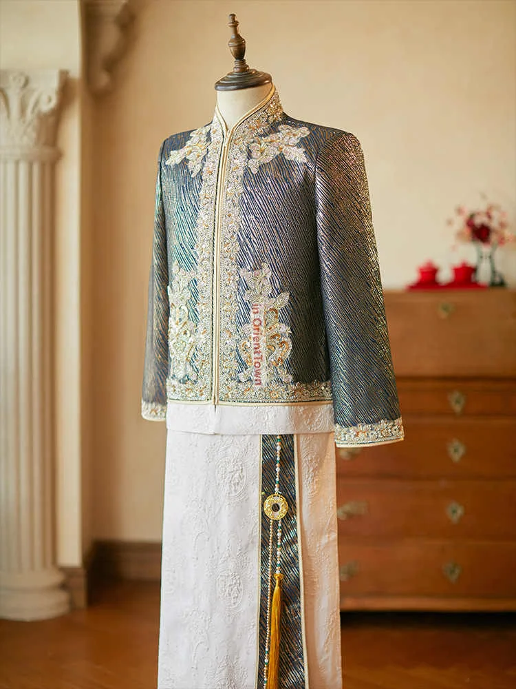 Traje Tang tostado para novio chino, conjunto de matrimonio para hombre, bordado Vintage Oriental, ropa Hanfu para celebración de boda y novio