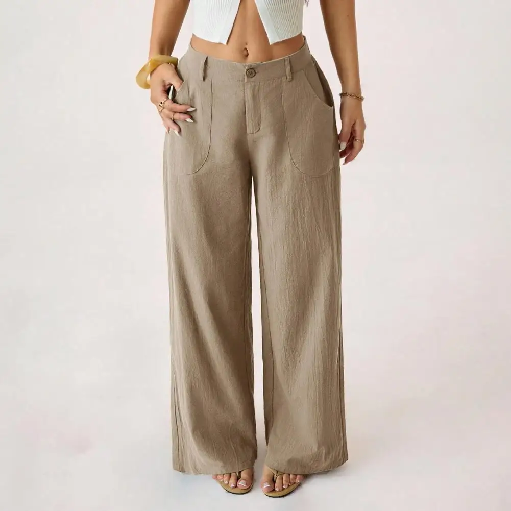 Cotton Linen Wide Leg Pants for Women, Loose Button Elastic Waist Casual Trousers, Solid Color Palazzo Pants with Pockets
