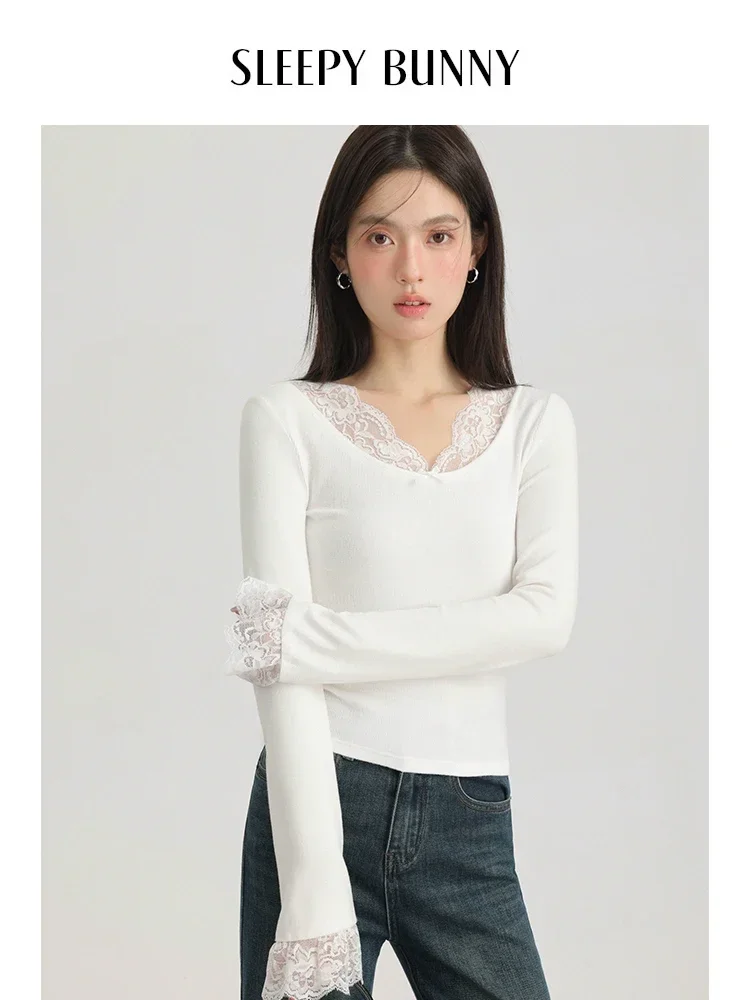 

Elegant Lace Patchwork O-Neck Long Sleeve T-Shirt Women Spring Slim Fit Stretchy Knit Base Top Stylish Chic Casual Inner Layer