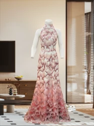 Fashion Evening Pink Bead Lace Long Dress Women's Summer Hanging Neck Dress