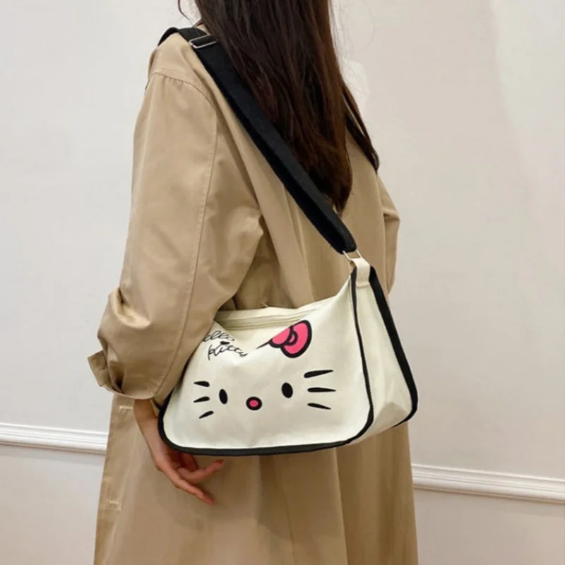 Kawaii Sanrio Hello Kitty Women Canvas Bag Crossbody Bag Large Capacity Commuting Bag Cartoon Portable Storage Bag Dumpling Bag