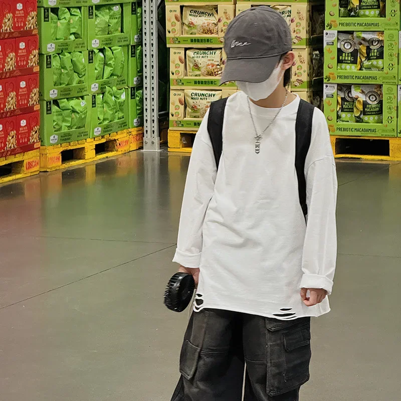 

Детская футболка, Новинка осени 2024, однотонная Свободная Повседневная рваная футболка с длинным рукавом для мальчиков и девочек