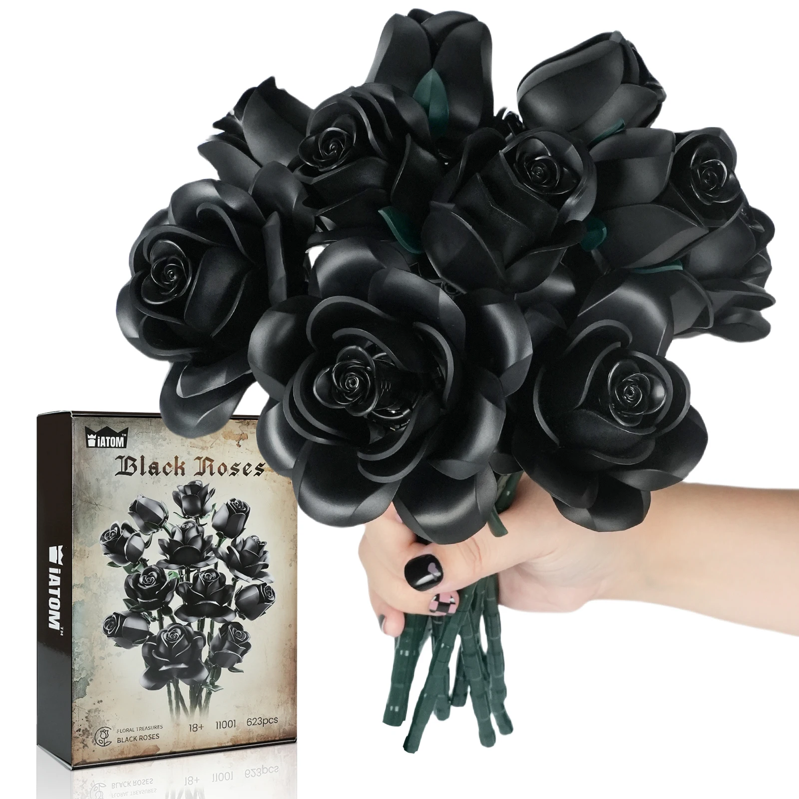 

Black Rose Bouquet Building Blocks Set Gothic Artificial Flowers Botanical Collection Toys Christmas Valentine's Gifts for Women