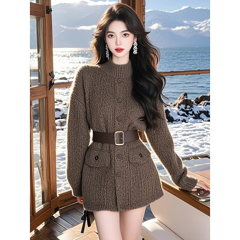 2024 Autumn and Winter Slimming Top Women's New Style Waist Cinching Coffee Color Medium Long Jacket Female Clothing