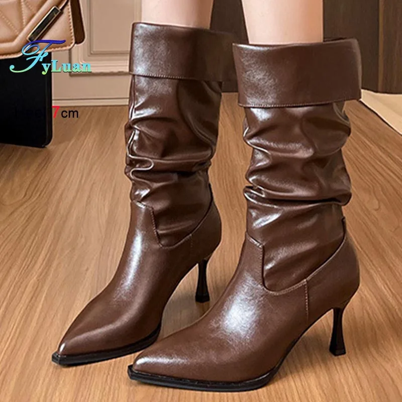 

2025 Autumn New Sexy Pointed Toe Shoes 7cm High Heels Women Mid-calf Boots Fashion Comfortable Stiletto Stage Show Short Boots