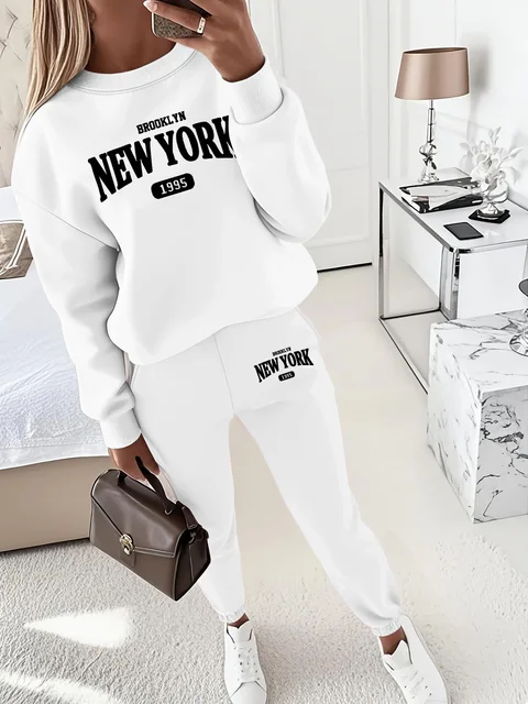 Dwuczęściowy zestaw z nadrukiem New York Casual Kangaroo Damska bluza z okrągłym dekoltem, jednokolorowa bluza z długim rękawem,