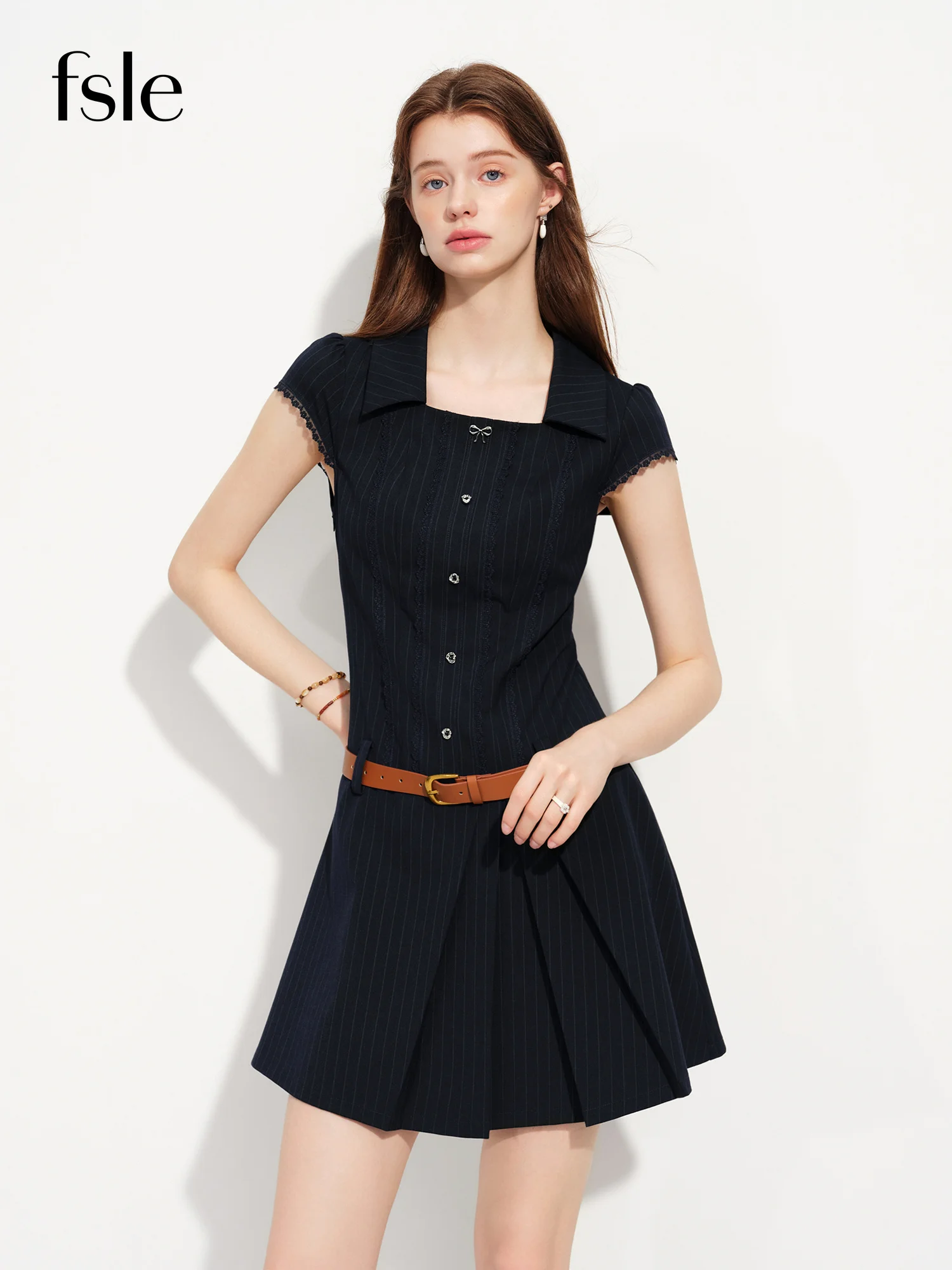 FSLE 2026 Summer Women's Navy Collared Belted A-Line Midi Dress, Flattering Striped Preppy Shift for Office & Weekend Style