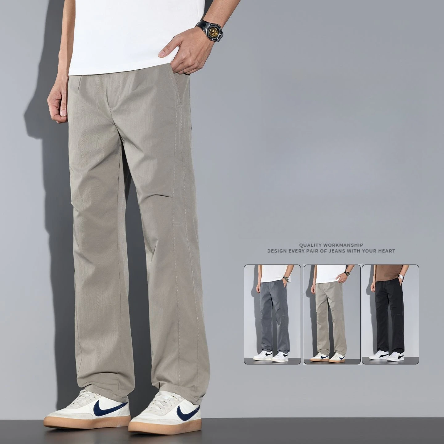 2026 New Summer Thin Men's Straight Casual Pants Elastic Waist Solid Color Business Joggers Quick Dry Outdoor Trousers for Men